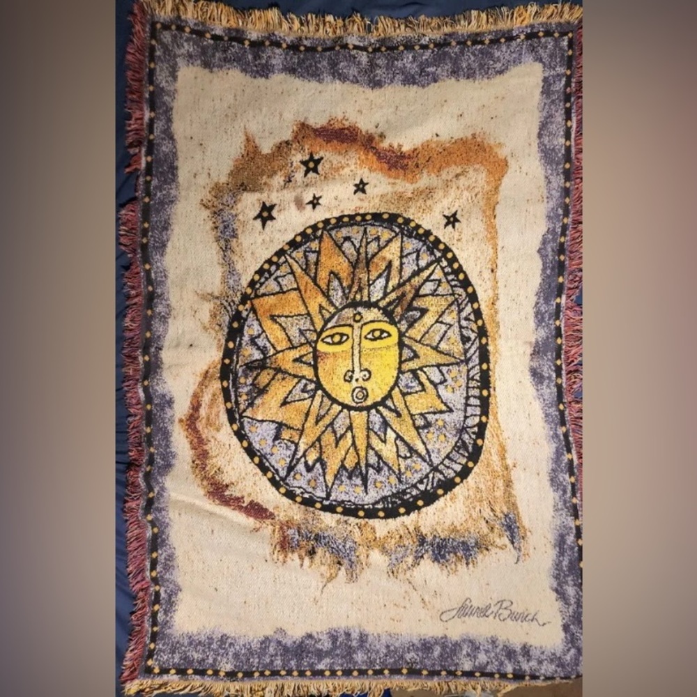 Vintage Laurel Burch Tapestry Throw Blanket Rug Sun Lion Sunshine 45x67